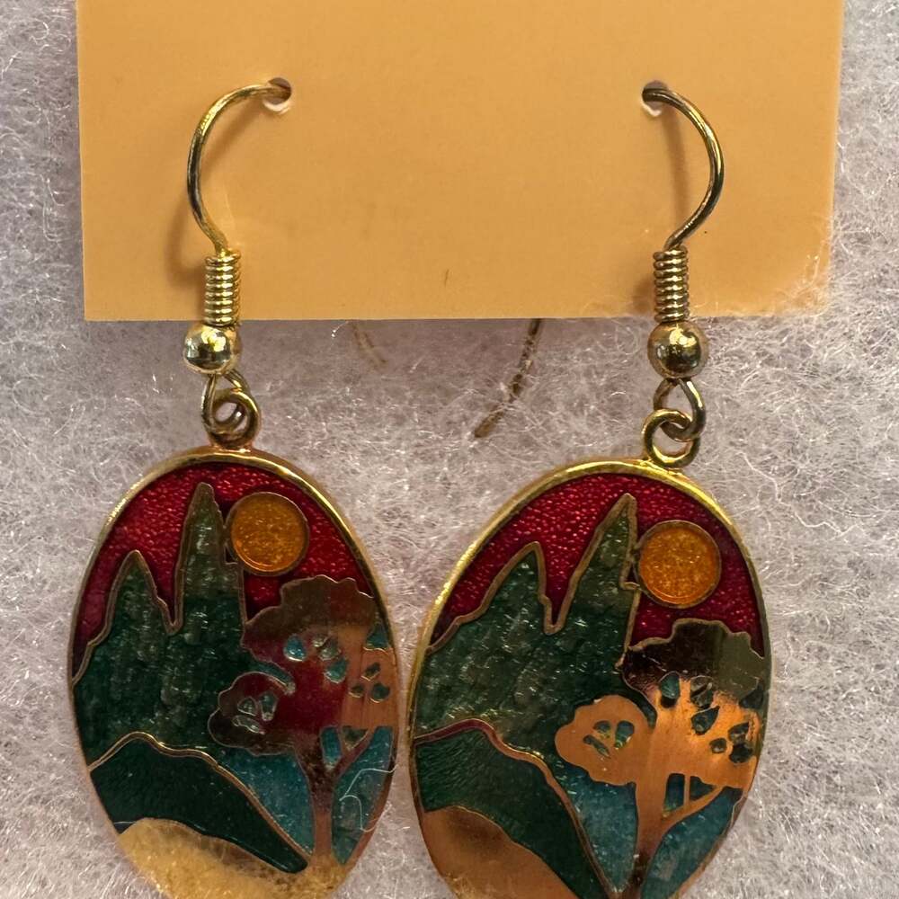 Vintage Pink and Red Flower and Fern Enamel Earrings
